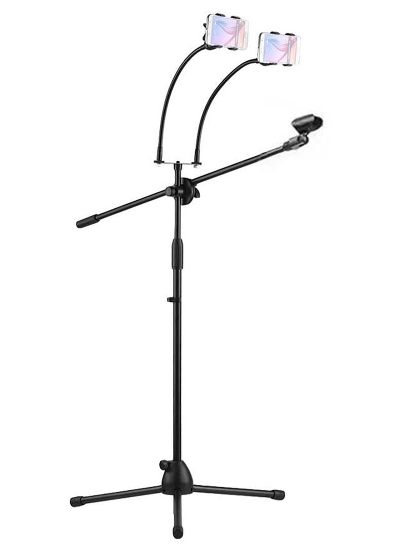 GT-Wheel Microphone tripod stand with Boom Arm Mic Holder & 2 Smartphone Holder Adjustable Height  - Image 4