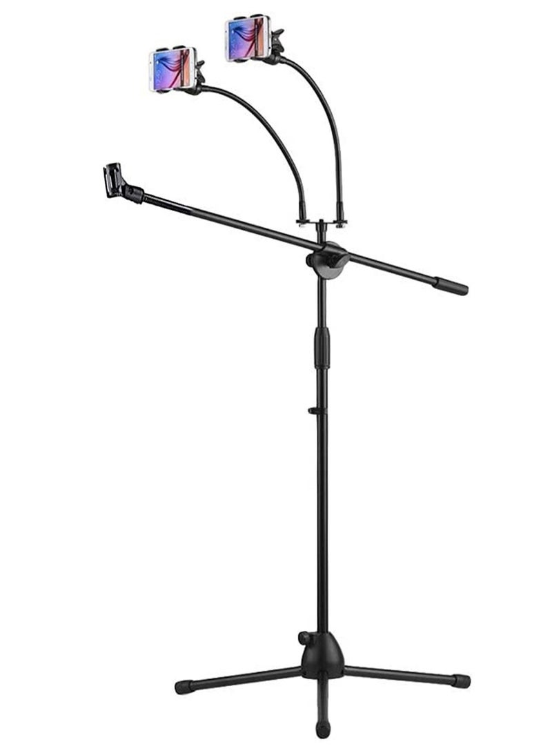GT-Wheel Microphone tripod stand with Boom Arm Mic Holder & 2 Smartphone Holder Adjustable Height  - Image 3