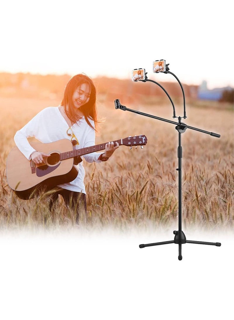 GT-Wheel Microphone tripod stand with Boom Arm Mic Holder & 2 Smartphone Holder Adjustable Height  - Image 2
