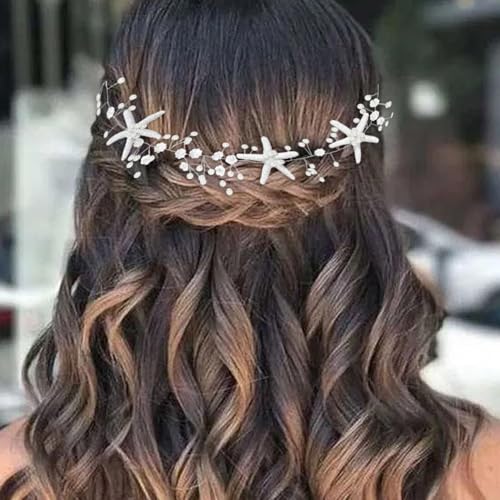 CASDRE Starfish Bride Wedding Hair Vine Pearl Bridal Headpiece Beach Wedding Hair Accessories for Women and Girls(A Silver) - Image 1