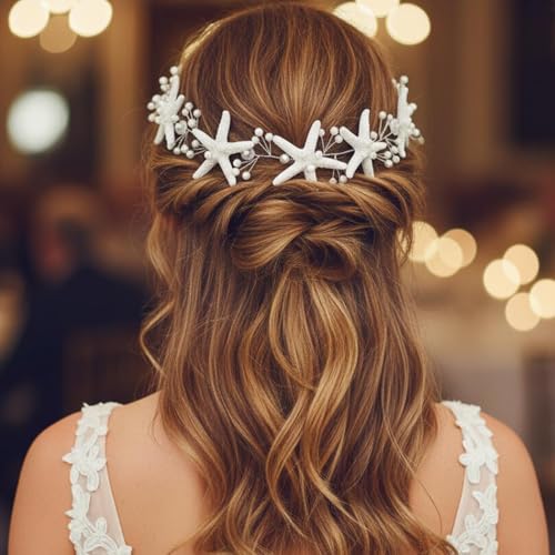 CASDRE Starfish Bride Wedding Hair Vine Pearl Bridal Headpiece Beach Wedding Hair Accessories for Women and Girls(A Silver) - Image 3