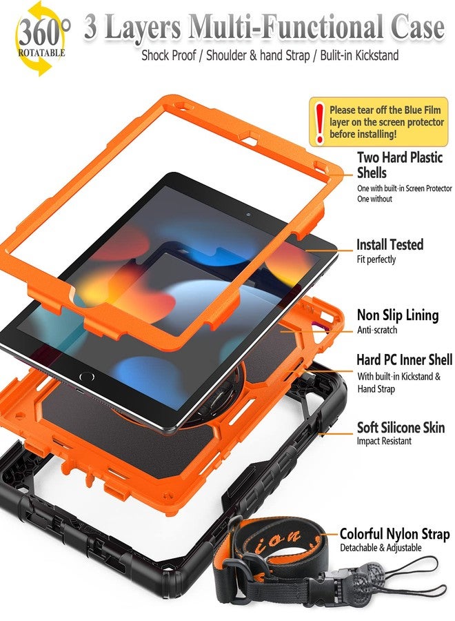 SEYMAC stock جراب SEYMAC الأصلي لجهاز iPad من الجيل السابع، جراب حماية كامل مقاوم للصدمات لجهاز iPad 10.2 بوصة مع حامل دوار 360 درجة وحزام لجهاز iPad الجديد من الجيل السابع 2019 (برتقالي لامع) - Image 5