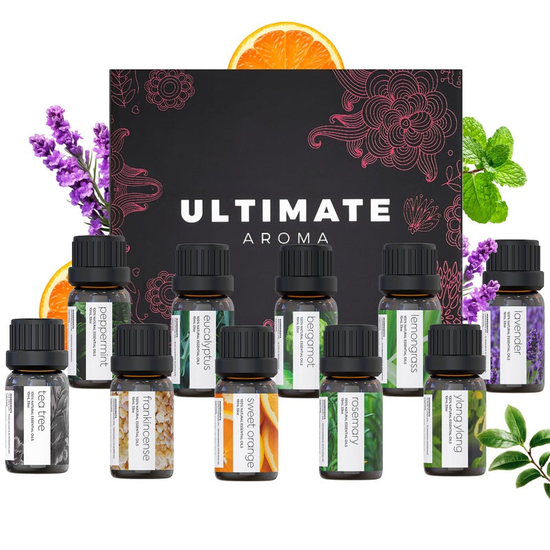 Pure Aroma Essential Oils by Ultimate Aroma Top 10 Aromatherapy Oils Gift Set - Lavender/Tea Tree/Eucalyptus/Peppermint/Lemongrass/Sweet Orange/Bergamot/Frankincense/Rosemary/Ylang Ylang (10ml).  - Image 1