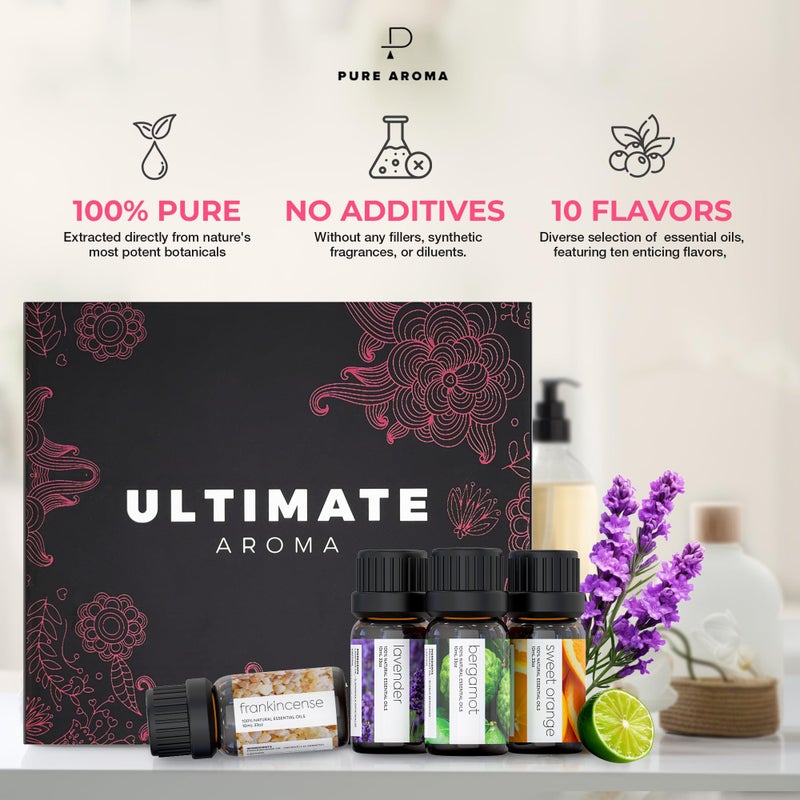 Pure Aroma Essential Oils by Ultimate Aroma Top 10 Aromatherapy Oils Gift Set - Lavender/Tea Tree/Eucalyptus/Peppermint/Lemongrass/Sweet Orange/Bergamot/Frankincense/Rosemary/Ylang Ylang (10ml).  - Image 3