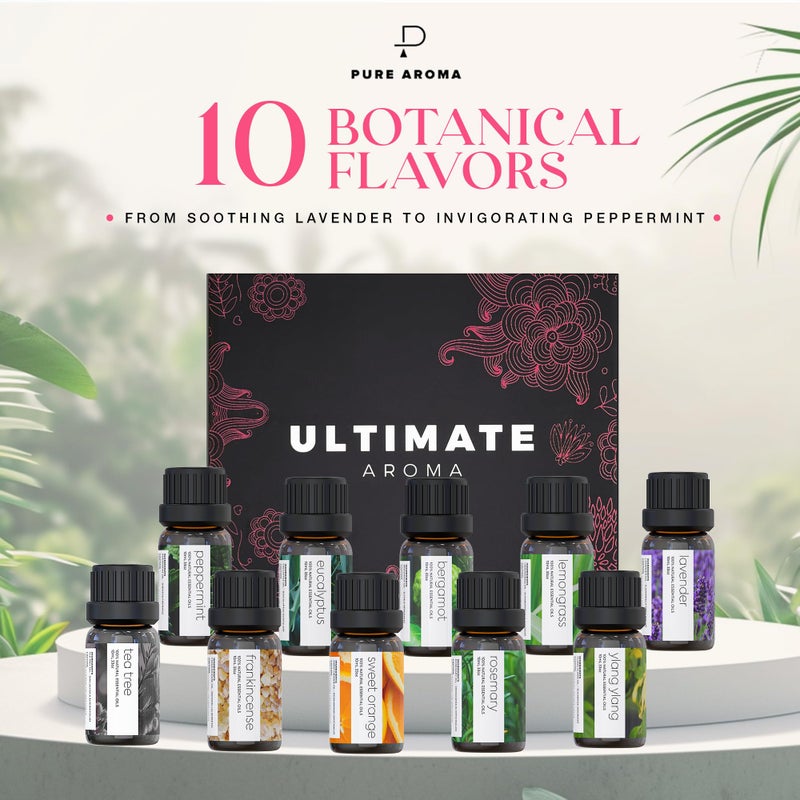 Pure Aroma Essential Oils by Ultimate Aroma Top 10 Aromatherapy Oils Gift Set - Lavender/Tea Tree/Eucalyptus/Peppermint/Lemongrass/Sweet Orange/Bergamot/Frankincense/Rosemary/Ylang Ylang (10ml).  - Image 2