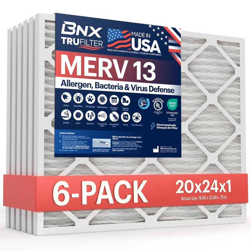 BNX TruFilter 20x24x1 Air Filter MERV 13 6Pack MADE IN USA Electrostatic Pleated Air Conditioner HVAC AC Furnace Filters for Allergies Pollen Mold Bacteria Smoke Allergen MPR 1900 FPR 10