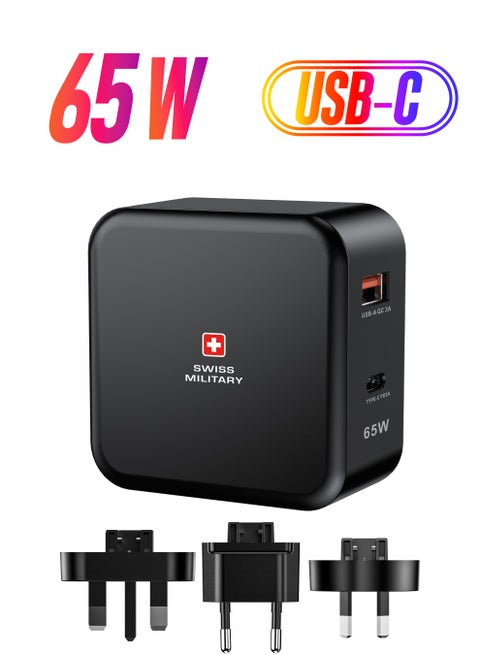65W USB C PD Fast Charger, Dual Port Type-C QC3.0 Wall, Multi Adapter UK/US/AU/EU Plug, Compatible With iPhone 14, 14 Pro/Pro Max /13/12/12 Mini/12 Pro/12 Pro Max, Galaxy- Black
