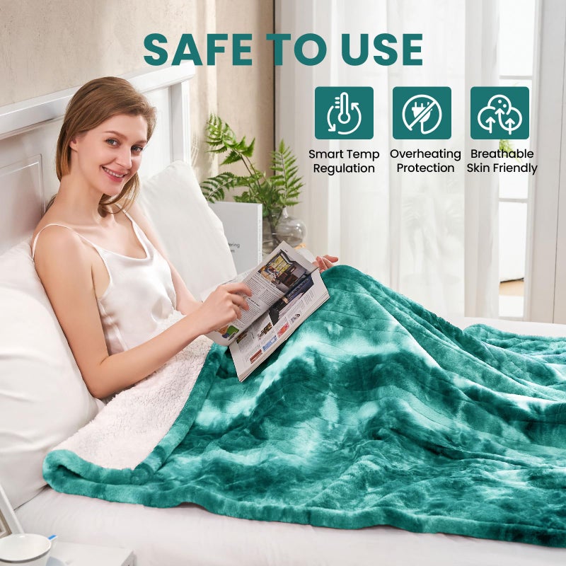 PTQ Electric Heated Throw Blanket 50"x60",Luxury Green Faux Rabbit Fur Electric Throw Blanket,Fast Heating Soft Fluffy Thick Electric Blanket with 6 Heating Levels & 12H Auto Off - Image 2