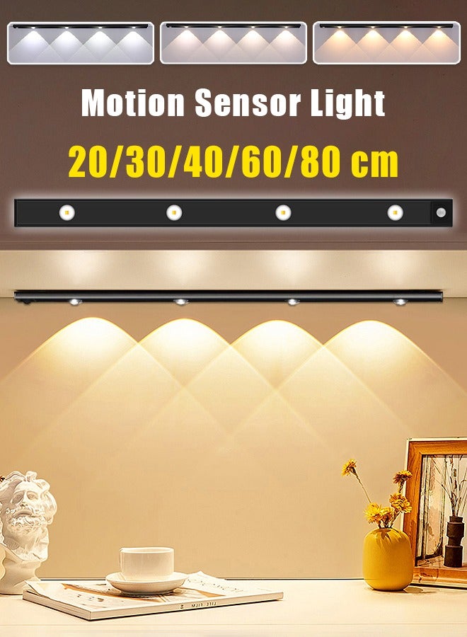 Motion Sensor Light - Aluminum Alloy LED Light - Cordless Under Cabinet Light - White, Warm, Natural Light - Human Body Sensor - Magnetic Installation - Rechargeable Night Light for Kitchen, Staircase, Bedroom, Drawer