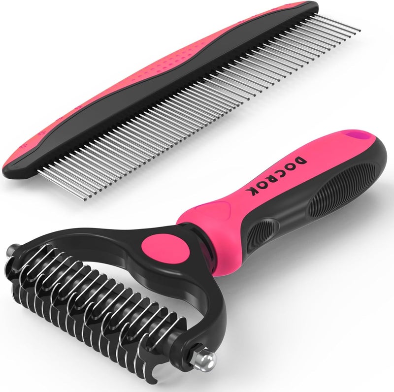 Docrok Pet Grooming Brush and Metal Comb Combo, Cat Brush Dog Brush for Shedding, Undercoat Rake for Dogs Grooming, Dematting Deshedding Brush Dogs Shedding Tool for Long matted Haired Pets, Pink - Image 1