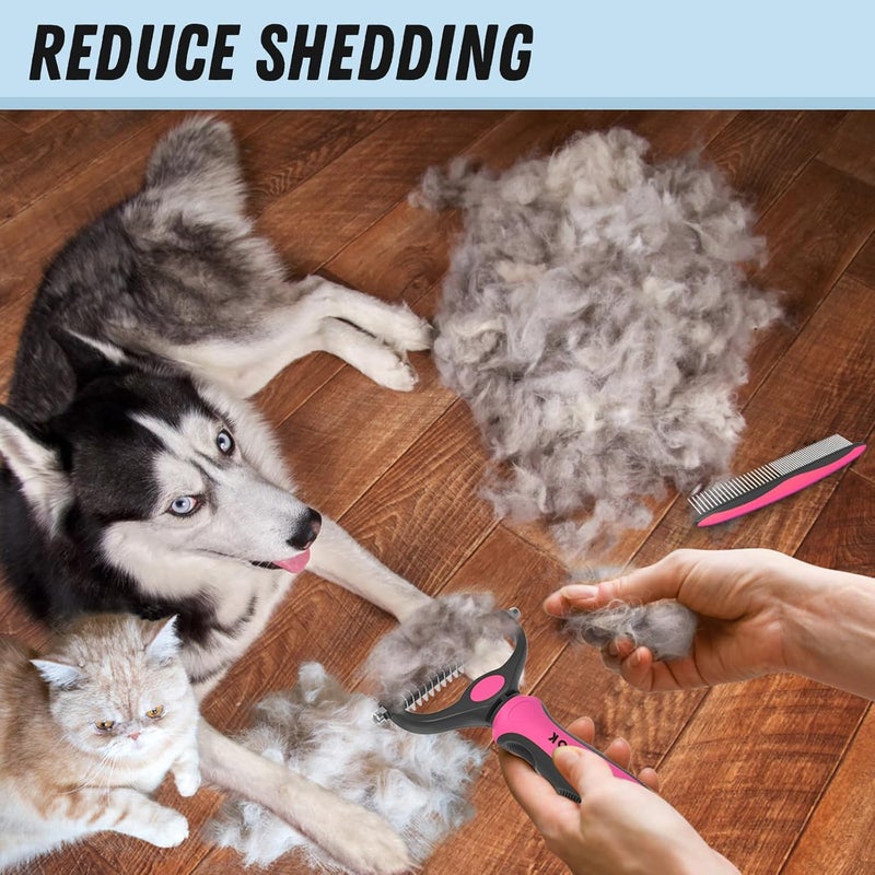 Docrok Pet Grooming Brush and Metal Comb Combo, Cat Brush Dog Brush for Shedding, Undercoat Rake for Dogs Grooming, Dematting Deshedding Brush Dogs Shedding Tool for Long matted Haired Pets, Pink - Image 5