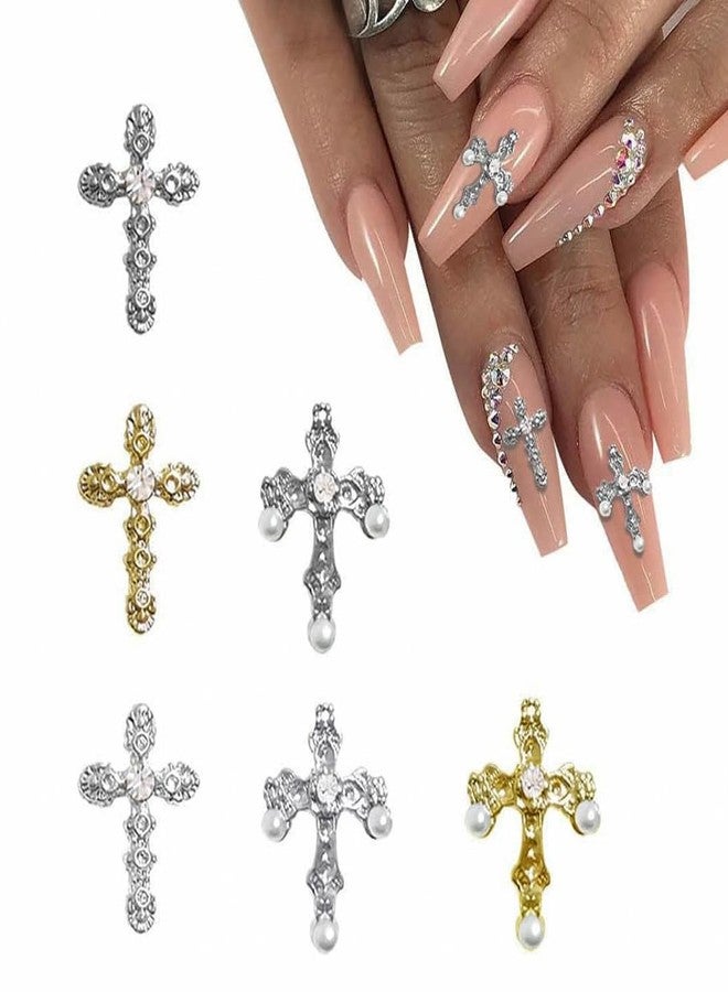 Cagzzee Pearl Cross Nail Charms - Silver Cross Nail Charms - y2k Nail Cross Art Whit Pearl, 3D Metal Nail Cross Charms for DIY Designs Supplies - Image 5