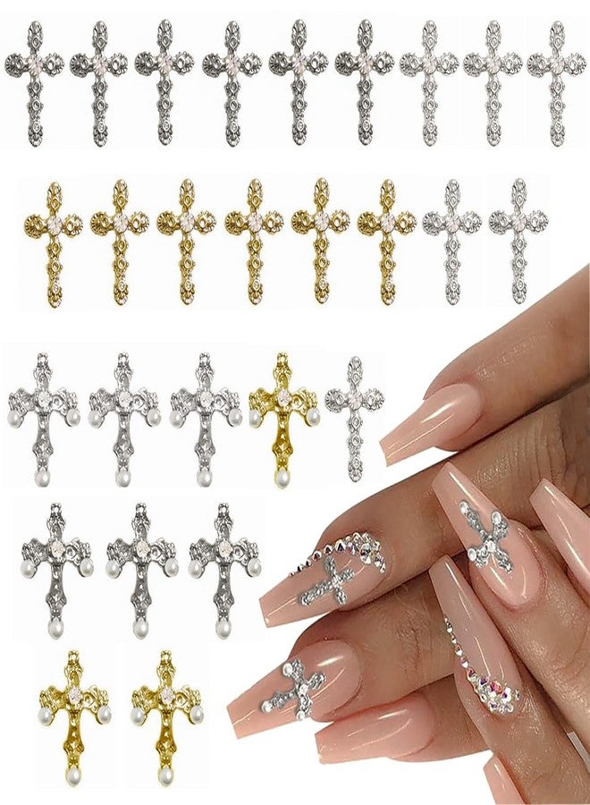 Cagzzee Pearl Cross Nail Charms - Silver Cross Nail Charms - y2k Nail Cross Art Whit Pearl, 3D Metal Nail Cross Charms for DIY Designs Supplies - Image 1