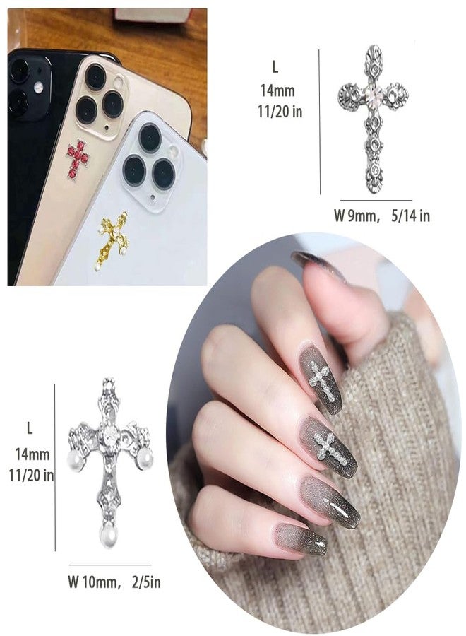 Cagzzee Pearl Cross Nail Charms - Silver Cross Nail Charms - y2k Nail Cross Art Whit Pearl, 3D Metal Nail Cross Charms for DIY Designs Supplies - Image 2