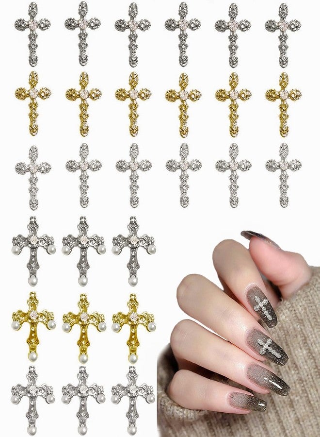 Cagzzee Pearl Cross Nail Charms - Silver Cross Nail Charms - y2k Nail Cross Art Whit Pearl, 3D Metal Nail Cross Charms for DIY Designs Supplies - Image 3