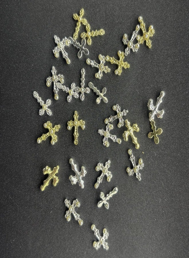 Cagzzee Pearl Cross Nail Charms - Silver Cross Nail Charms - y2k Nail Cross Art Whit Pearl, 3D Metal Nail Cross Charms for DIY Designs Supplies - Image 4