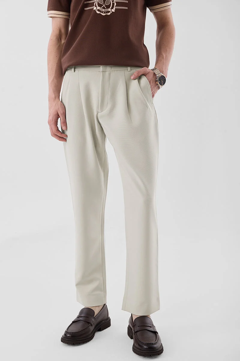 SNITCH Beige Solid Slim Fit Formal Trousers