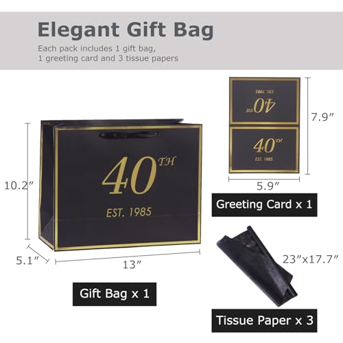 momoake 40th Birthday Gift Bag with Card and Tissue Paper for Men Women, 1985 40 Year Old 13" Elegant Black Gold Anniversary Keepsake Party Present Shopping Paper Bags for Gifts Wrapping (1985 40th) - Image 2