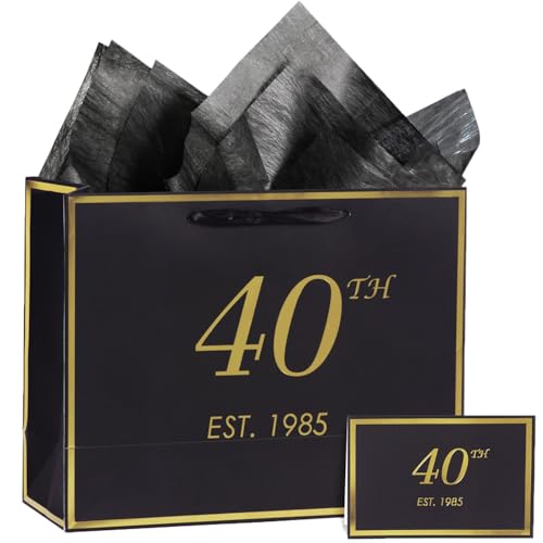 momoake 40th Birthday Gift Bag with Card and Tissue Paper for Men Women, 1985 40 Year Old 13" Elegant Black Gold Anniversary Keepsake Party Present Shopping Paper Bags for Gifts Wrapping (1985 40th) - Image 1