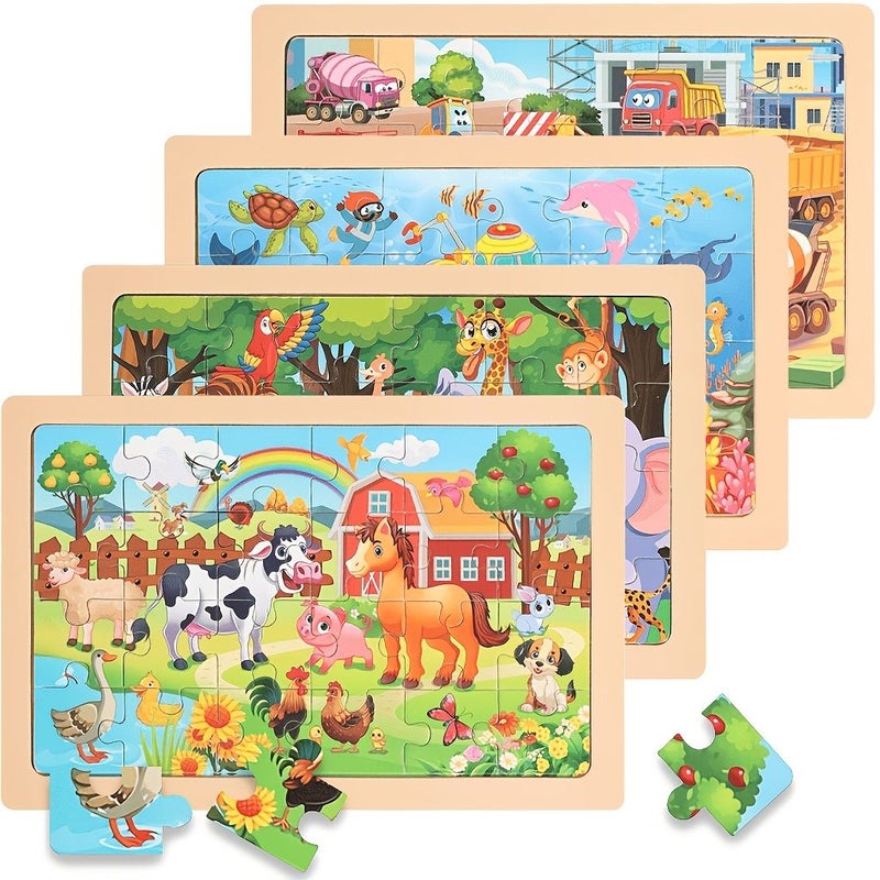 A Box Of 4 Packs Of 24pcs Wooden Animal Suit Educational Puzzle Toys For Boys And Girls Family Parent Child Activities Games Portable Scratch Resistant Travel Learning Activities Gift - Image 1