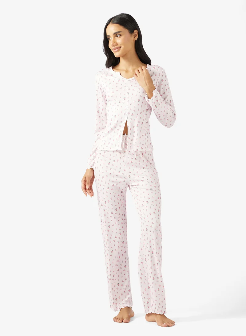 Ginger Pointelle Floral Button Up Top & Pyjama Set