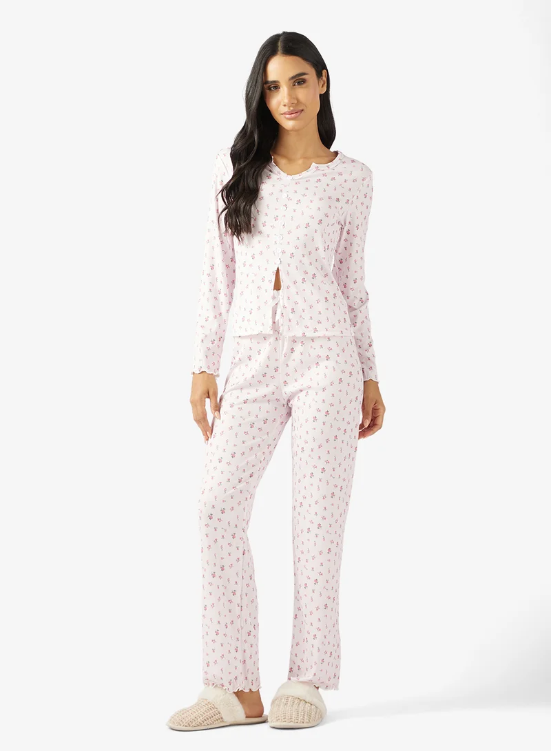 Ginger  Pointelle Floral Button Up Top & Pyjama Set for Women | Best Price UAE