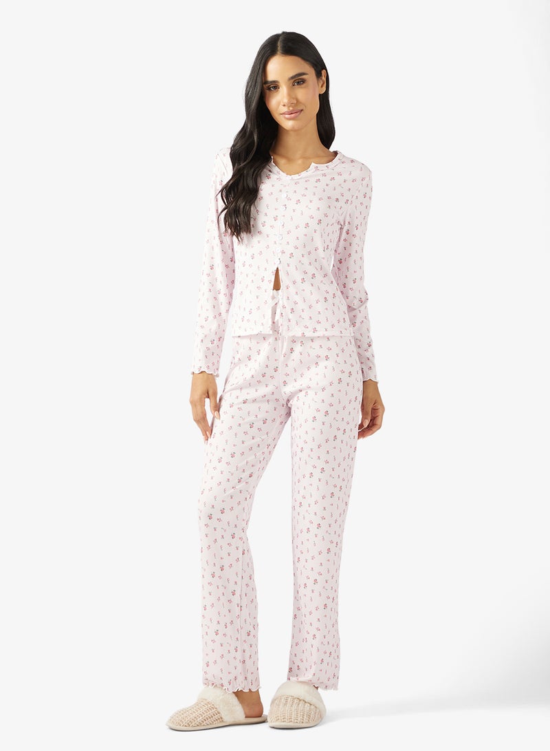 Ginger Pointelle Floral Button Up Top & Pyjama Set - Image 5