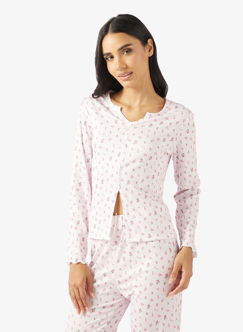 Ginger Pointelle Floral Button Up Top & Pyjama Set - Image 3