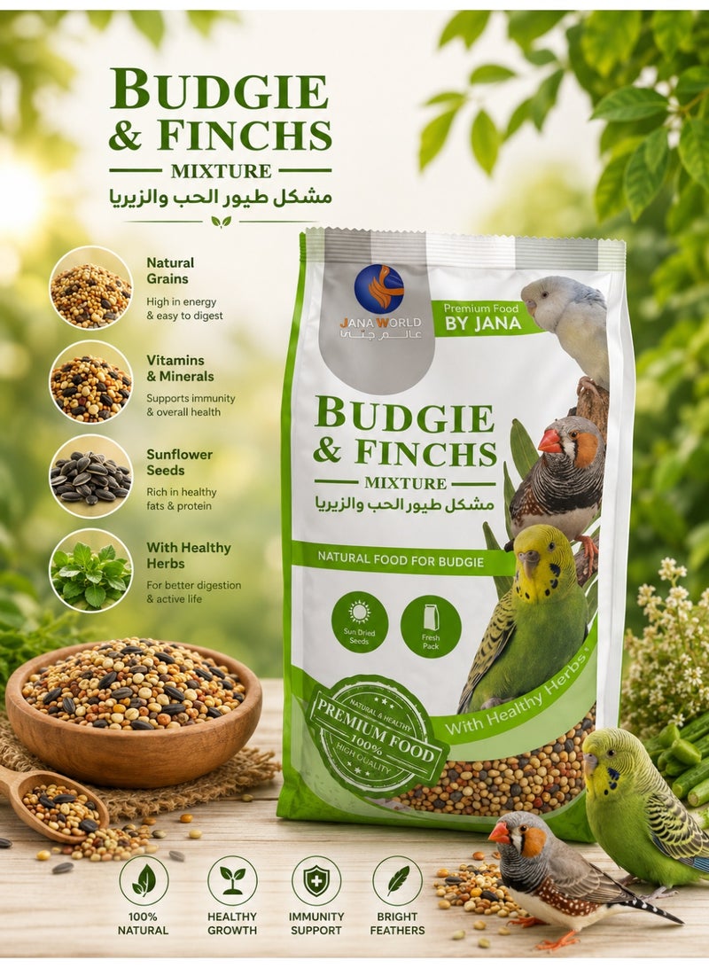 Budgie & Finches Mixture – Premium Seed Blend for Budgies & Finches – Natural Grains, Sunflower Seeds & Healthy Herbs – Complete Bird Food – 1kg