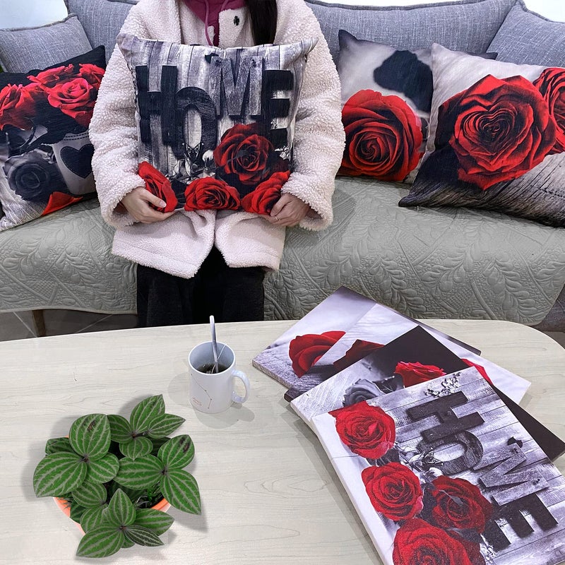 YOOOAHU Farmhouse Floral Pillow Covers 18x18 Set of 4, Black Red Rose Throw Pillow Cover for Couch Outdoor Patio Furniture Home Decor,Vintage Flower Cotton Linen Square Cushion Case Sofa Bedroom Decoration - Image 4