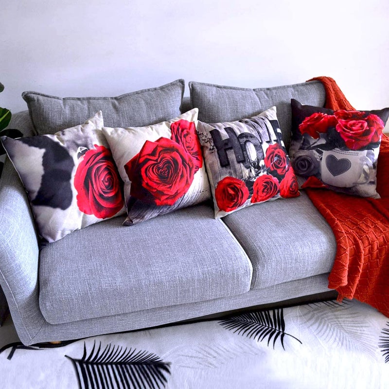 YOOOAHU Farmhouse Floral Pillow Covers 18x18 Set of 4, Black Red Rose Throw Pillow Cover for Couch Outdoor Patio Furniture Home Decor,Vintage Flower Cotton Linen Square Cushion Case Sofa Bedroom Decoration - Image 5