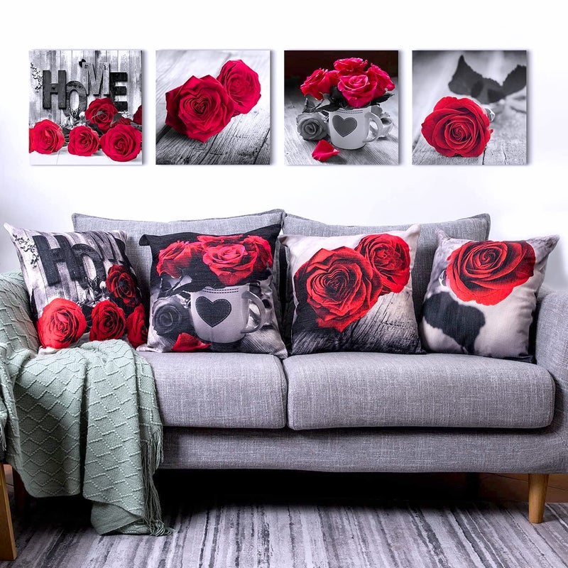 YOOOAHU Farmhouse Floral Pillow Covers 18x18 Set of 4, Black Red Rose Throw Pillow Cover for Couch Outdoor Patio Furniture Home Decor,Vintage Flower Cotton Linen Square Cushion Case Sofa Bedroom Decoration - Image 3