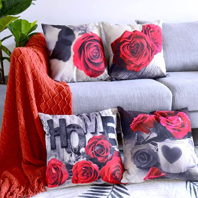 YOOOAHU Farmhouse Floral Pillow Covers 18x18 Set of 4, Black Red Rose Throw Pillow Cover for Couch Outdoor Patio Furniture Home Decor,Vintage Flower Cotton Linen Square Cushion Case Sofa Bedroom Decoration - Image 2