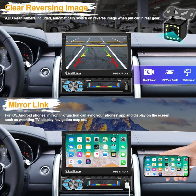 UNITOPSCI 7 Inch Motorized Flip Out Touch Screen Car Stereo with Apple CarPlay and Android Auto - Image 4