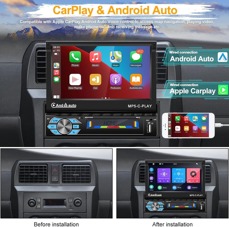 UNITOPSCI 7 Inch Motorized Flip Out Touch Screen Car Stereo with Apple CarPlay and Android Auto - Image 2