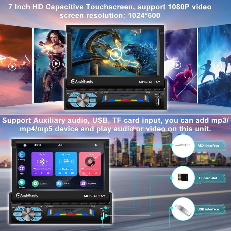 UNITOPSCI 7 Inch Motorized Flip Out Touch Screen Car Stereo with Apple CarPlay and Android Auto - Image 5