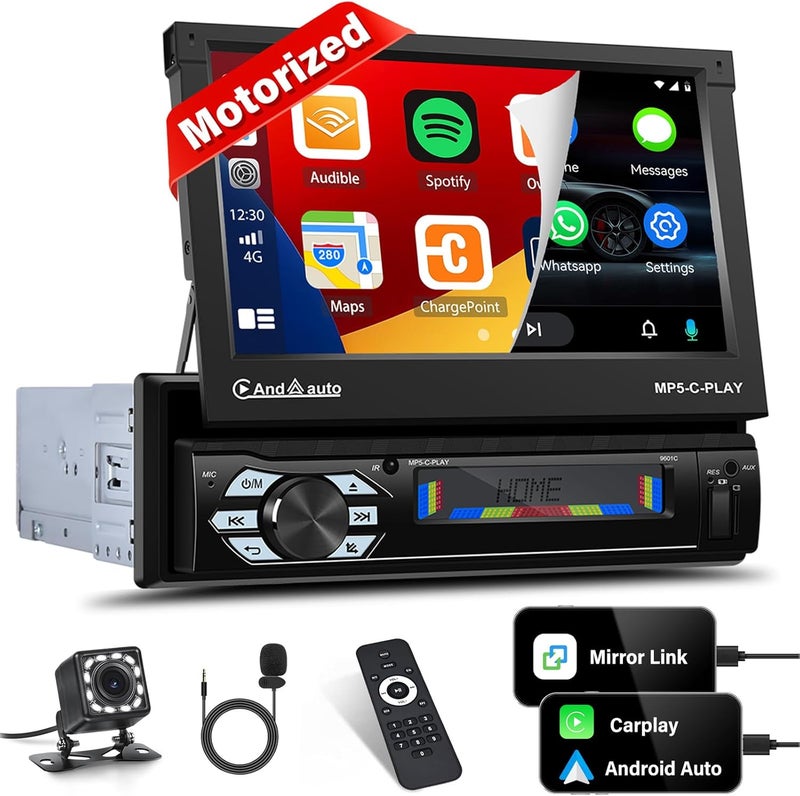 UNITOPSCI 7 Inch Motorized Flip Out Touch Screen Car Stereo with Apple CarPlay and Android Auto - Image 1