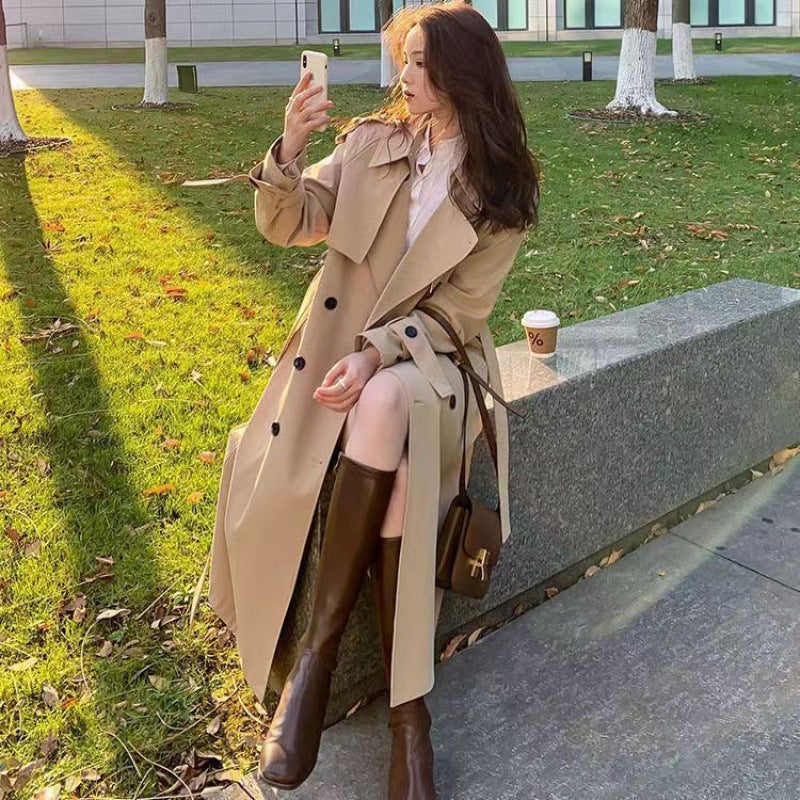 Windbreaker Coat Womens Spring and Autumn 2024 New Korean-style Mid-length British-style Loose Over-the-knee Elegant Popular Coat Khaki 