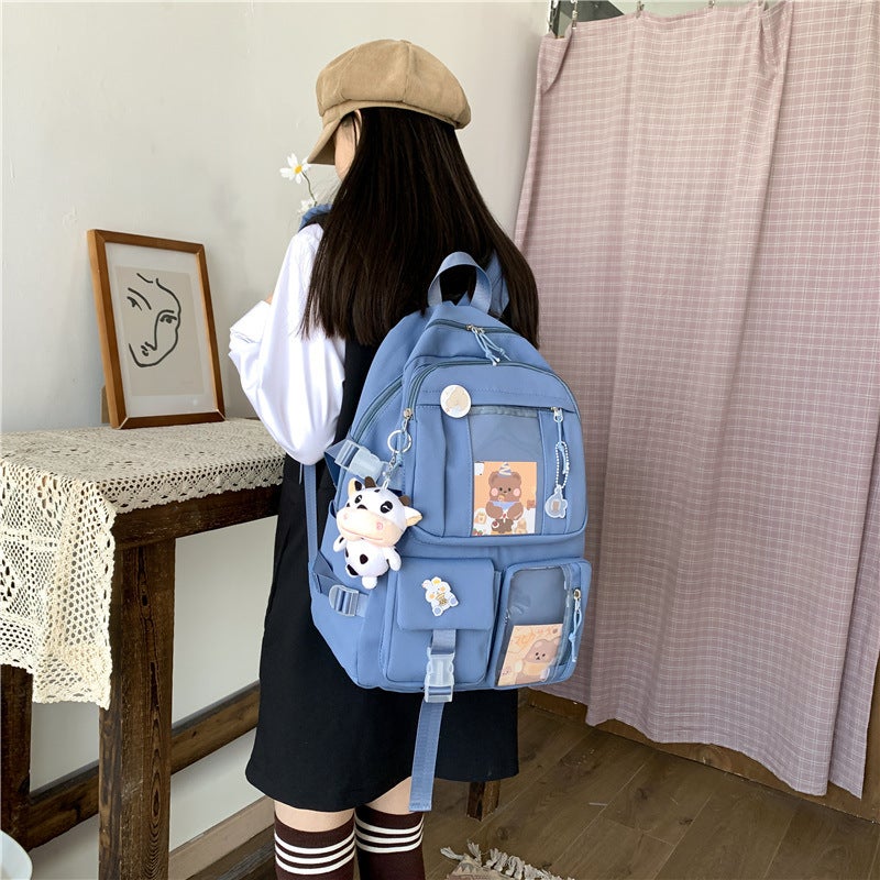 Japanese Harajuku schoolbag female Korean version high school student junior high school student backpack cute girl heart primary school student backpack Green Jia Yihao 6852 + badge - Image 4