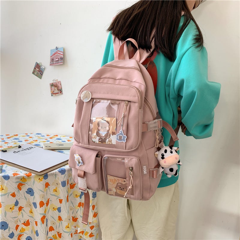 Japanese Harajuku schoolbag female Korean version high school student junior high school student backpack cute girl heart primary school student backpack Green Jia Yihao 6852 + badge - Image 3