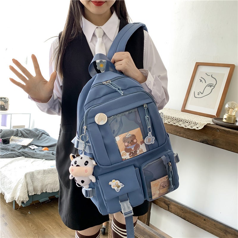 Japanese Harajuku schoolbag female Korean version high school student junior high school student backpack cute girl heart primary school student backpack Green Jia Yihao 6852 + badge - Image 1