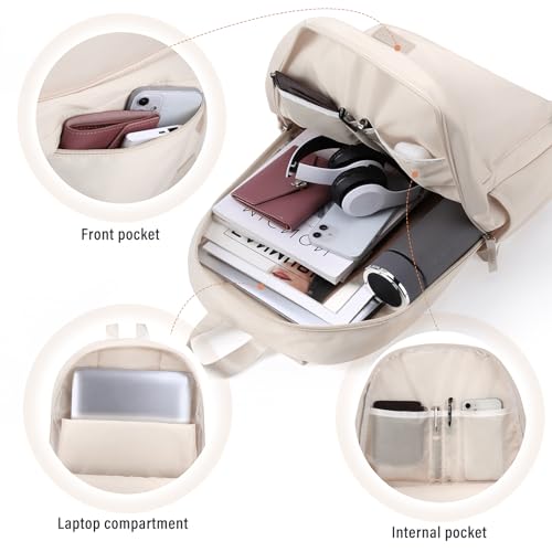 HOMIEE Lightweight Casual Laptop Backpack Fits 15.6 Inch Computer, Water-Resistant Small Daypack Cute Unisex Bookbag for Teen College Work Travel, Beige - Image 3