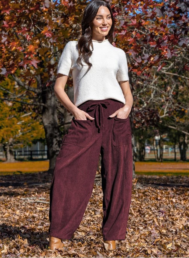 TARSE Women's Corduroy Pants Baggy Wide Leg Pants Casual Elastic Waisted Palazzo Harem Pants with Pockets, Jujube Red, XXL - Image 2