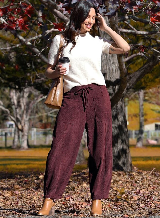 TARSE Women's Corduroy Pants Baggy Wide Leg Pants Casual Elastic Waisted Palazzo Harem Pants with Pockets, Jujube Red, XXL - Image 3