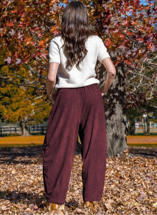 TARSE Women's Corduroy Pants Baggy Wide Leg Pants Casual Elastic Waisted Palazzo Harem Pants with Pockets, Jujube Red, XXL - Image 5