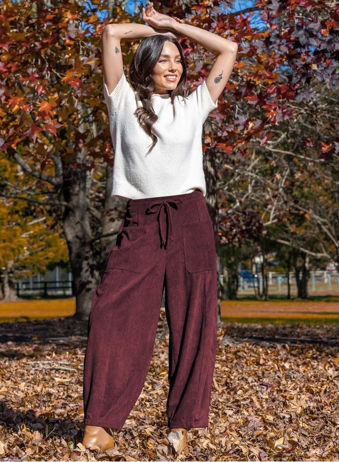 TARSE Women's Corduroy Pants Baggy Wide Leg Pants Casual Elastic Waisted Palazzo Harem Pants with Pockets, Jujube Red, XXL - Image 4