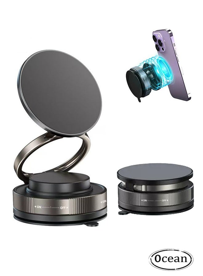 Vacuum Magnetic Car Phone Mount - 360° Rotating Foldable Dashboard Suction Cup Holder with N54 Strong Magnet, Universal Compatibility for Smartphones (Black) - Image 1