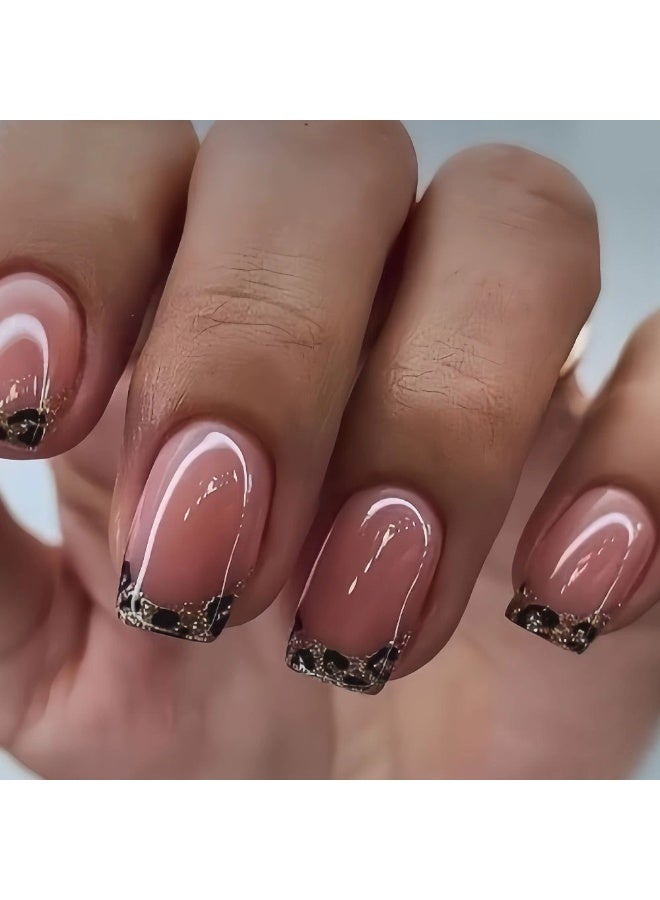 Goolsky Premium Short Square Press-on Nails with Leopard French Tip & Glitter for Edgy Chic Style - Image 1