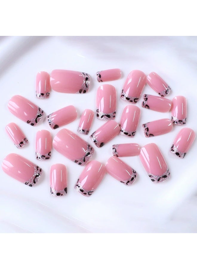 Goolsky Premium Short Square Press-on Nails with Leopard French Tip & Glitter for Edgy Chic Style - Image 2
