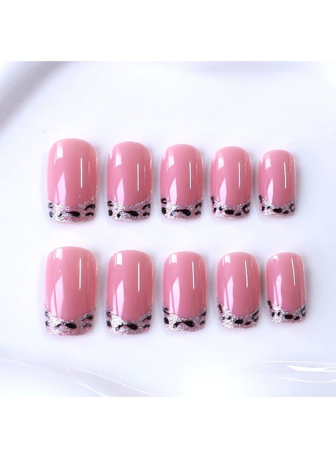 Goolsky Premium Short Square Press-on Nails with Leopard French Tip & Glitter for Edgy Chic Style - Image 4